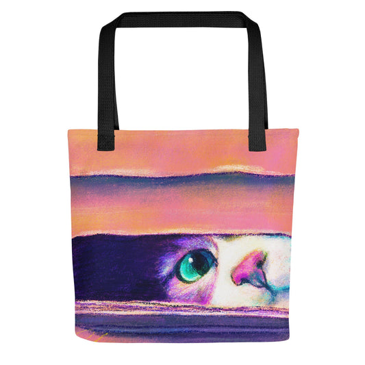 Close Encounters Collection - "I Sits" Tote Bag | Tote Bag with a Cat Peeking Out of a Box JoyousJoyfulJoyness 