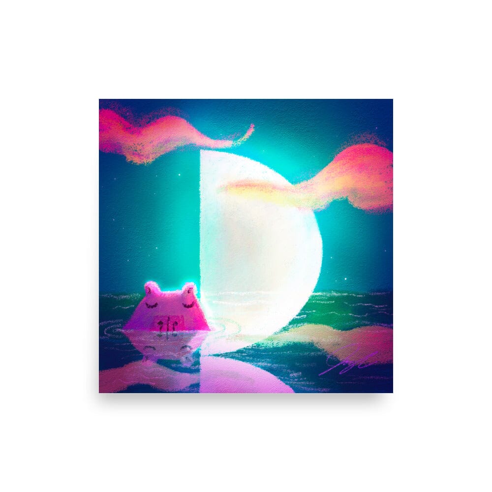 Moonlit Capybaras Collection - 4 - "First Quarter Moon" Painting [Unfoiled] Posters, Prints, & Visual Artwork JoyousJoyfulJoyness 