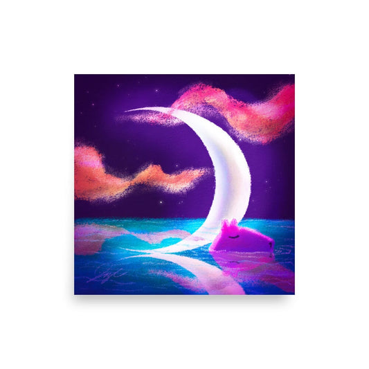 Moonlit Capybaras Collection - 5 - "Waxing Crescent Moon" Painting [Unfoiled] Posters, Prints, & Visual Artwork JoyousJoyfulJoyness 