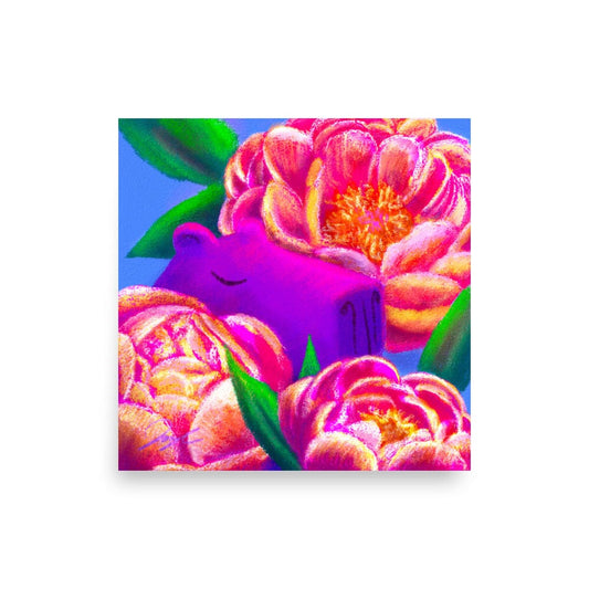 Capybara and Birth Flowers - 11 - "November Peonies" Painting [Unfoiled] Posters, Prints, & Visual Artwork JoyousJoyfulJoyness 