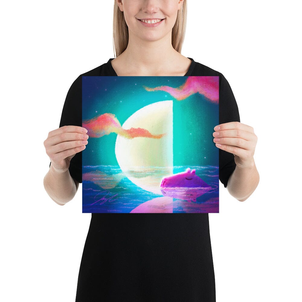 Moonlit Capybaras Collection - 2 - "Third Quarter Moon" Painting [Unfoiled] Posters, Prints, & Visual Artwork JoyousJoyfulJoyness 