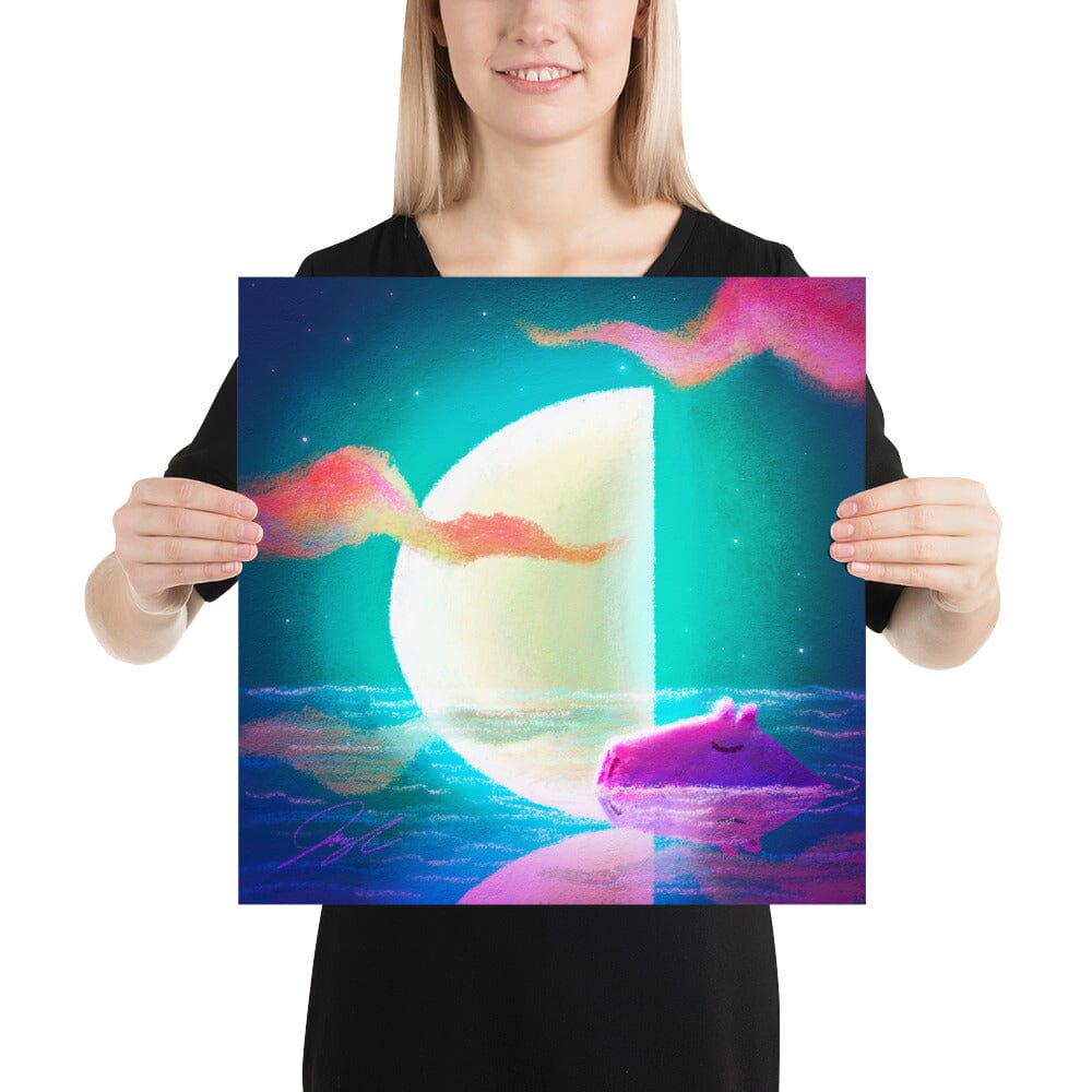 Moonlit Capybaras Collection - 2 - "Third Quarter Moon" Painting [Unfoiled] Posters, Prints, & Visual Artwork JoyousJoyfulJoyness 