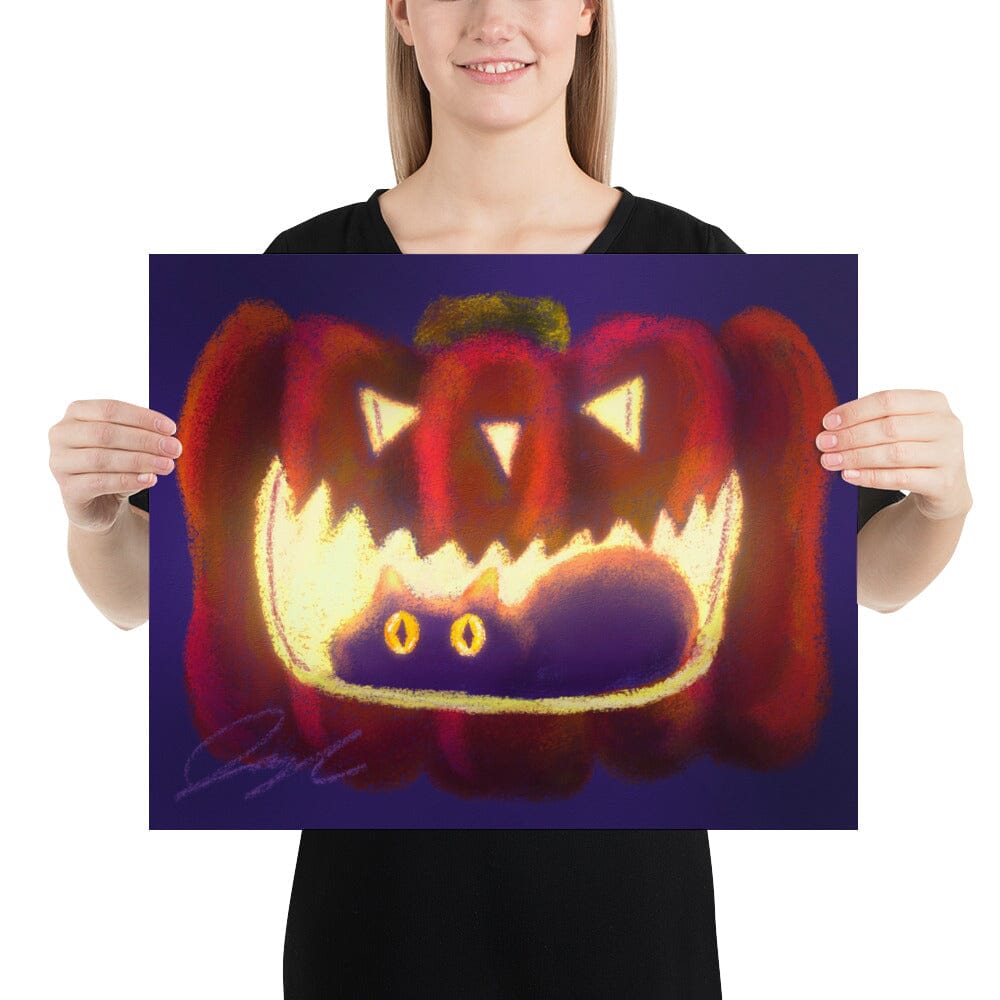 "Black Cat in a Jack o' Lantern": Painting of a Black Cat in a Glowing Pumpkin [Unfoiled] Posters, Prints, & Visual Artwork JoyousJoyfulJoyness 